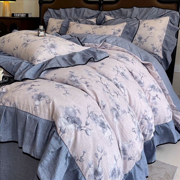 91家纺网 家纺一手货源 找家纺 丝芙妮家居（原乐视家纺） 2025新款A类原麻复合印花花边四件套 暗香疏影