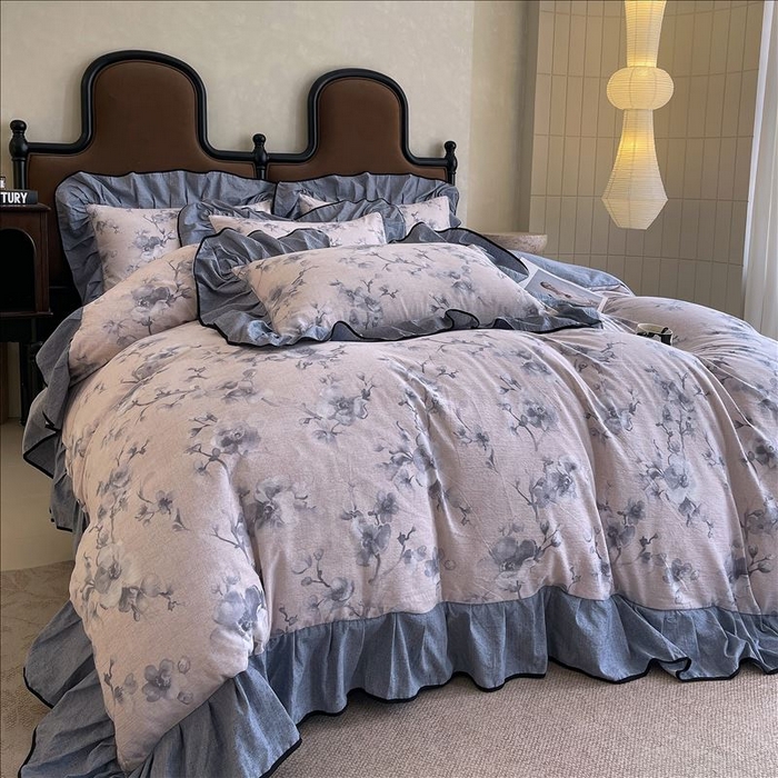 91家纺网 家纺一手货源 找家纺 丝芙妮家居（原乐视家纺） 2025新款A类原麻复合印花花边四件套 暗香疏影