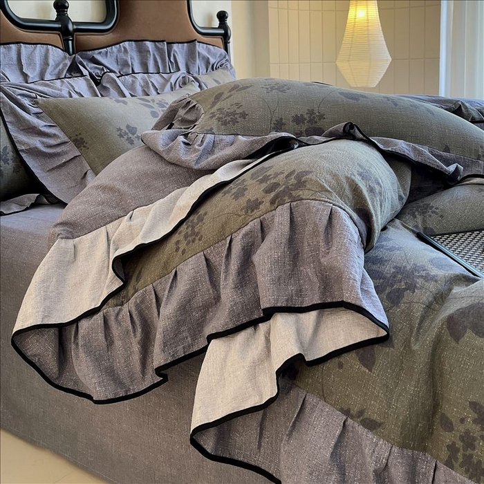 91家纺网 家纺一手货源 找家纺 丝芙妮家居（原乐视家纺） 2025新款A类原麻复合印花花边四件套 夜色未央