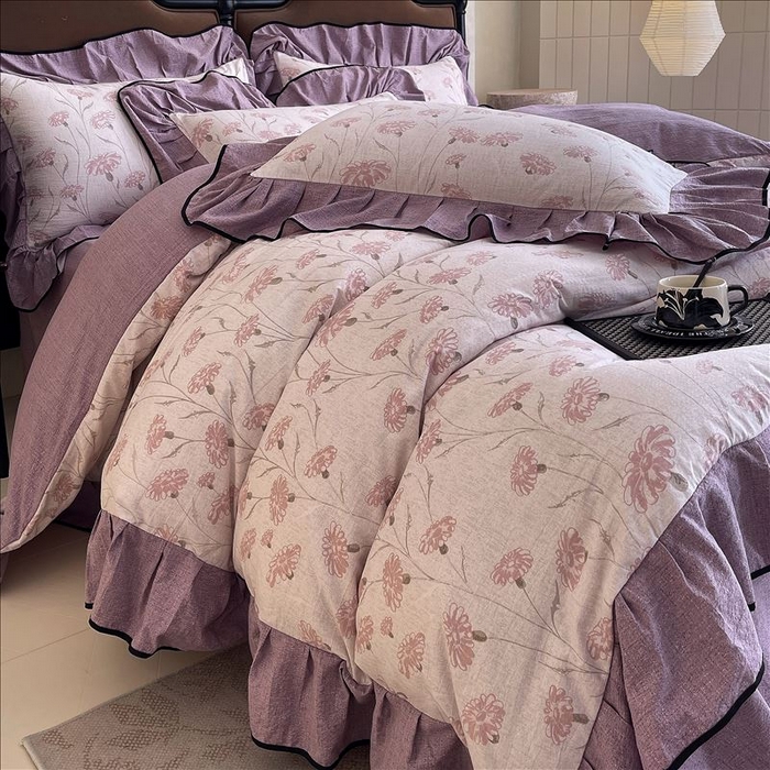 91家纺网 家纺一手货源 找家纺 丝芙妮家居（原乐视家纺） 2025新款A类原麻复合印花花边四件套 春意漫漫