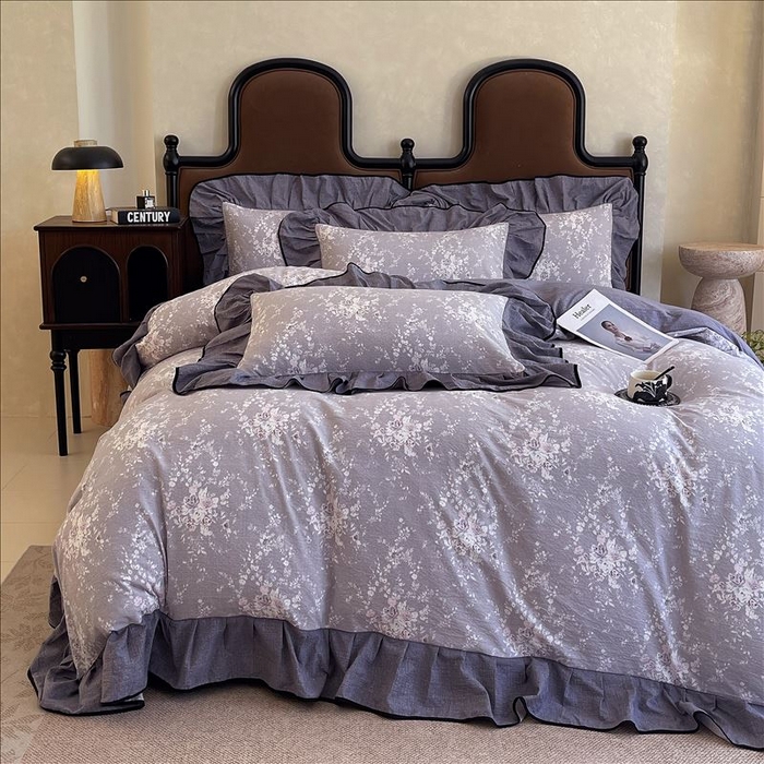 91家纺网 家纺一手货源 找家纺 丝芙妮家居（原乐视家纺） 2025新款A类原麻复合印花花边四件套 花屿梦