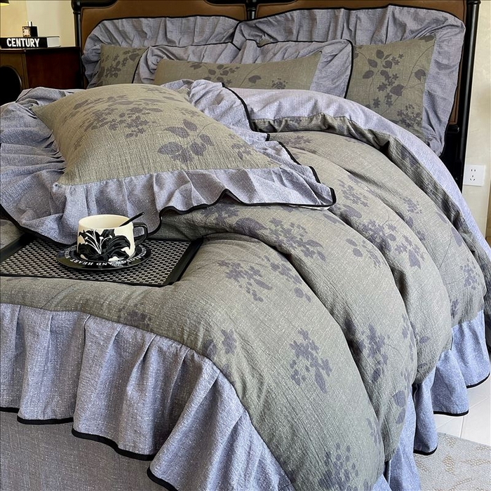 91家纺网 家纺一手货源 找家纺 丝芙妮家居（原乐视家纺） 2025新款A类原麻复合印花花边四件套 夜色未央