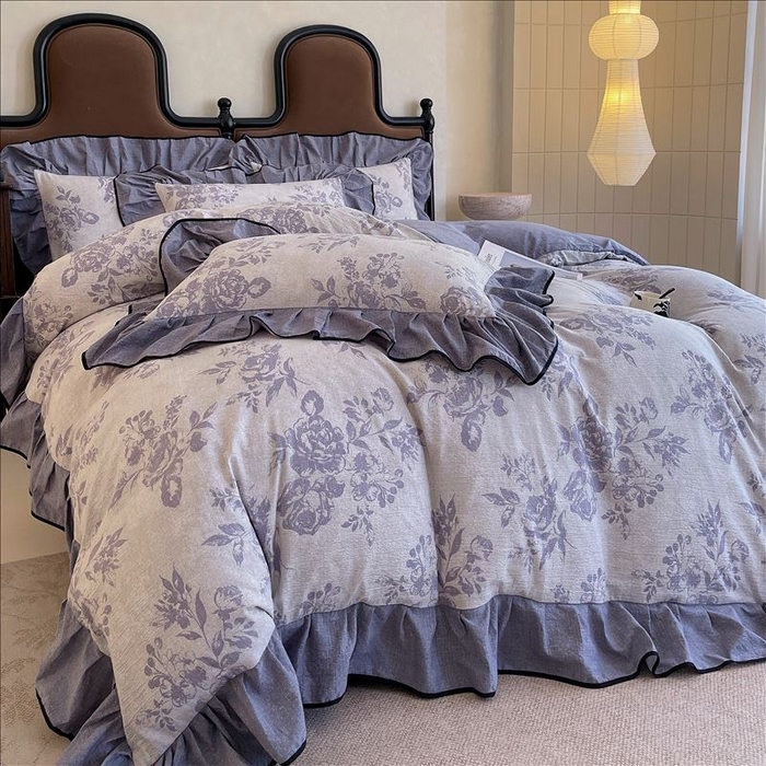 91家纺网 家纺一手货源 找家纺 丝芙妮家居（原乐视家纺） 2025新款A类原麻复合印花花边四件套 梦幻花园