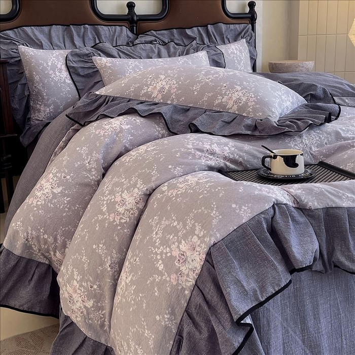 91家纺网 家纺一手货源 找家纺 丝芙妮家居（原乐视家纺） 2025新款A类原麻复合印花花边四件套 花屿梦