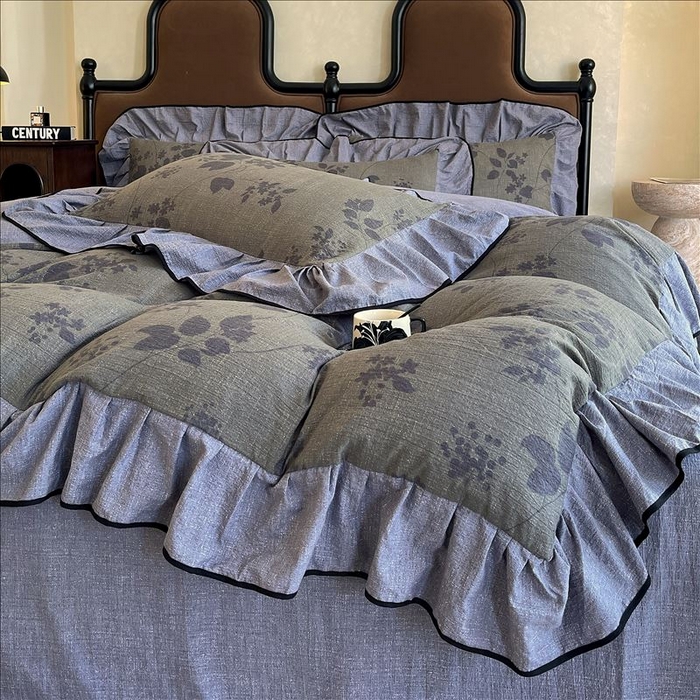 91家纺网 家纺一手货源 找家纺 丝芙妮家居（原乐视家纺） 2025新款A类原麻复合印花花边四件套 夜色未央