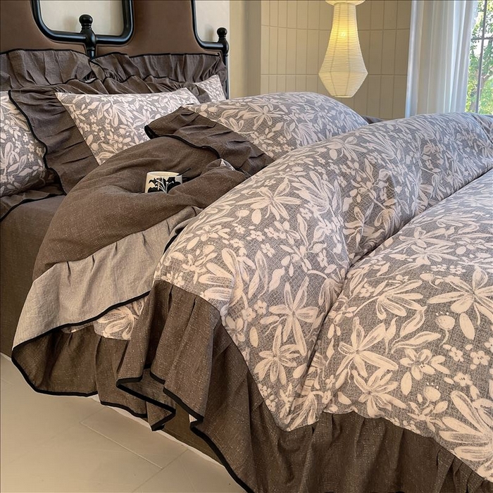 91家纺网 家纺一手货源 找家纺 丝芙妮家居（原乐视家纺） 2025新款A类原麻复合印花花边四件套 相思岚