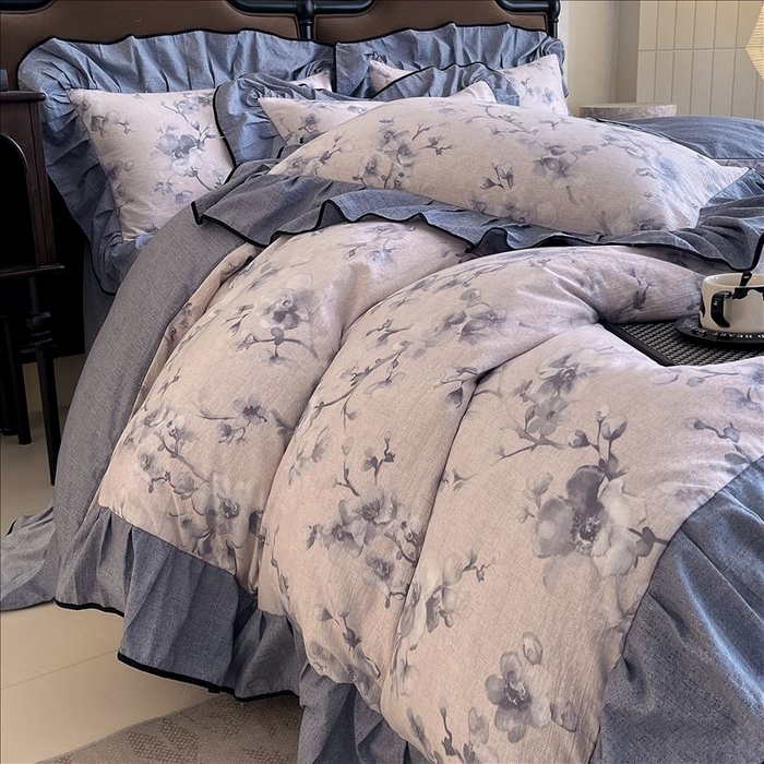 91家纺网 家纺一手货源 找家纺 丝芙妮家居（原乐视家纺） 2025新款A类原麻复合印花花边四件套 暗香疏影