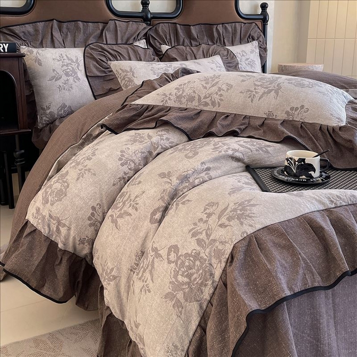 91家纺网 家纺一手货源 找家纺 丝芙妮家居（原乐视家纺） 2025新款A类原麻复合印花花边四件套 森蔓