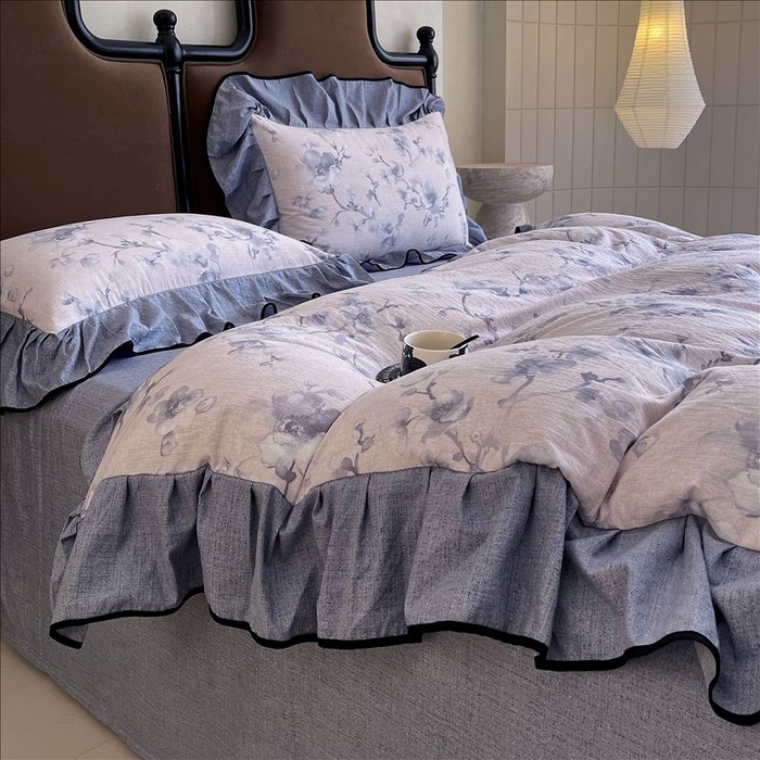 91家纺网 家纺一手货源 找家纺 丝芙妮家居（原乐视家纺） 2025新款A类原麻复合印花花边四件套 暗香疏影