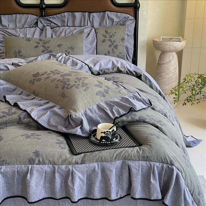 91家纺网 家纺一手货源 找家纺 丝芙妮家居（原乐视家纺） 2025新款A类原麻复合印花花边四件套 夜色未央