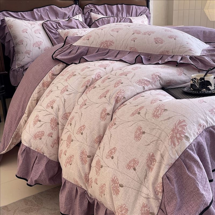 91家纺网 家纺一手货源 找家纺 丝芙妮家居（原乐视家纺） 2025新款A类原麻复合印花花边四件套 春意漫漫