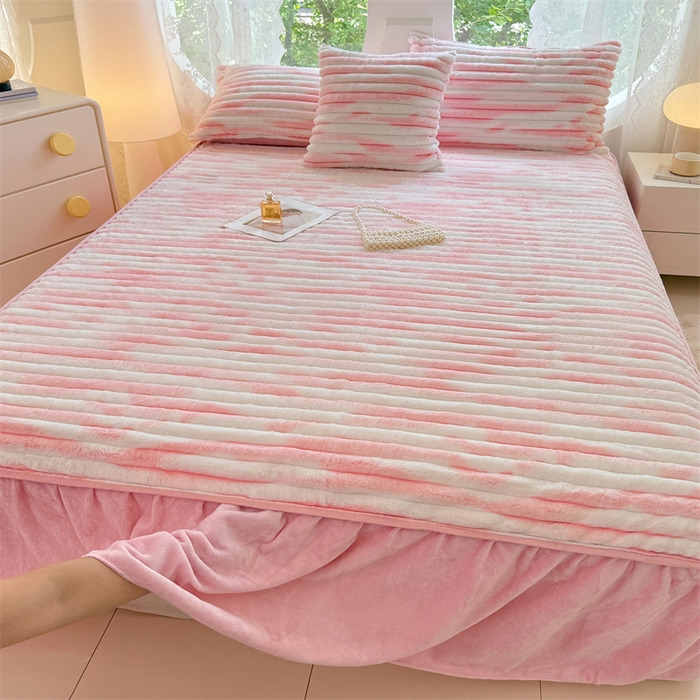梦舒羽 2025新款兔毛绒床裙法兰绒床垫保护罩牛奶绒床垫法莱绒床单罩-抽条 兔毛绒抽条-梦幻樱粉