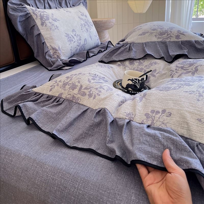 91家纺网 家纺一手货源 找家纺 丝芙妮家居（原乐视家纺） 2025新款A类原麻复合印花花边四件套 梦幻花园