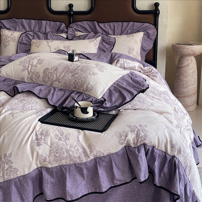 91家纺网 家纺一手货源 找家纺 丝芙妮家居（原乐视家纺） 2025新款A类原麻复合印花花边四件套 月下繁花