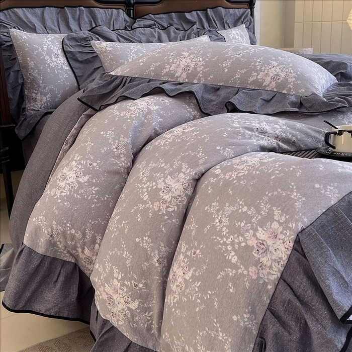 91家纺网 家纺一手货源 找家纺 丝芙妮家居（原乐视家纺） 2025新款A类原麻复合印花花边四件套 花屿梦