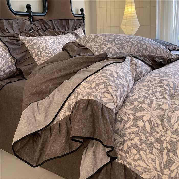 91家纺网 家纺一手货源 找家纺 丝芙妮家居（原乐视家纺） 2025新款A类原麻复合印花花边四件套 相思岚