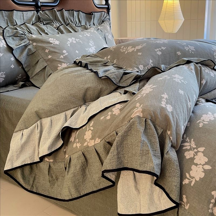 91家纺网 家纺一手货源 找家纺 丝芙妮家居（原乐视家纺） 2025新款A类原麻复合印花花边四件套 清水欢