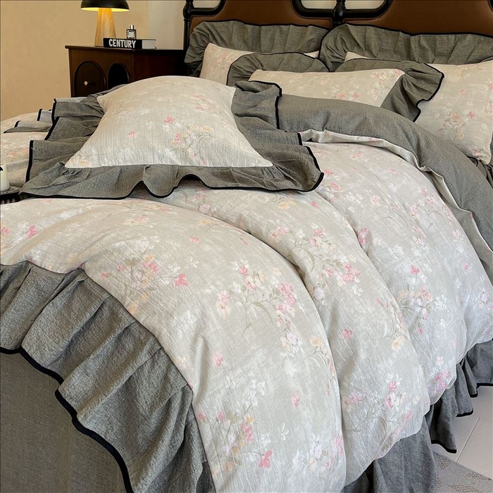 91家纺网 家纺一手货源 找家纺 丝芙妮家居（原乐视家纺） 2025新款A类原麻复合印花花边四件套 岁月留声