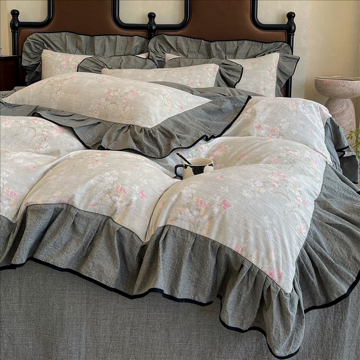 91家纺网 家纺一手货源 找家纺 丝芙妮家居（原乐视家纺） 2025新款A类原麻复合印花花边四件套 岁月留声