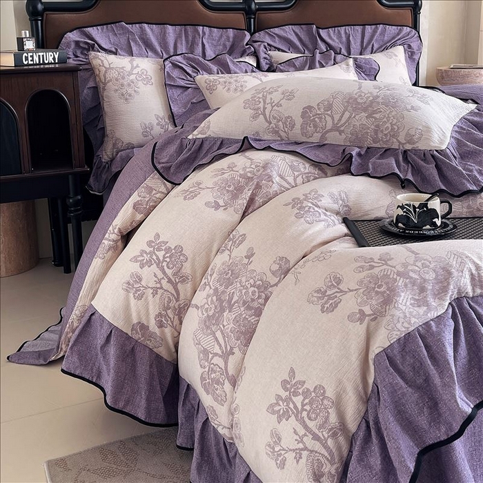 91家纺网 家纺一手货源 找家纺 丝芙妮家居（原乐视家纺） 2025新款A类原麻复合印花花边四件套 月下繁花