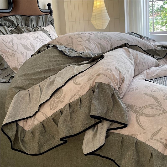 91家纺网 家纺一手货源 找家纺 丝芙妮家居（原乐视家纺） 2025新款A类原麻复合印花花边四件套 叶新泽