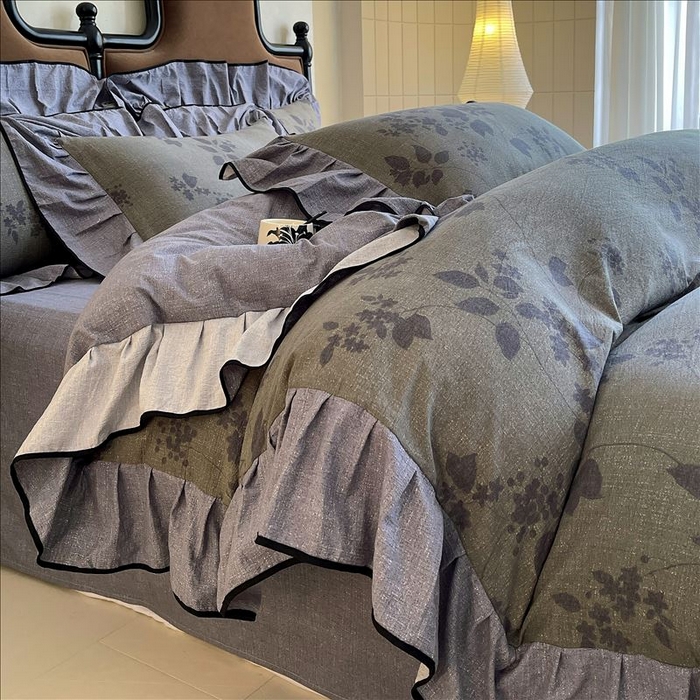 91家纺网 家纺一手货源 找家纺 丝芙妮家居（原乐视家纺） 2025新款A类原麻复合印花花边四件套 夜色未央