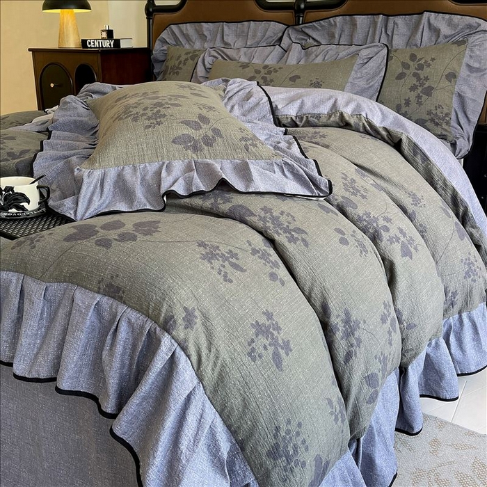 91家纺网 家纺一手货源 找家纺 丝芙妮家居（原乐视家纺） 2025新款A类原麻复合印花花边四件套 夜色未央