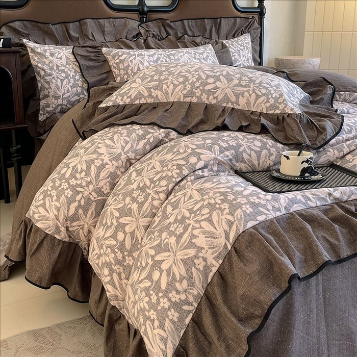 91家纺网 家纺一手货源 找家纺 丝芙妮家居（原乐视家纺） 2025新款A类原麻复合印花花边四件套 相思岚