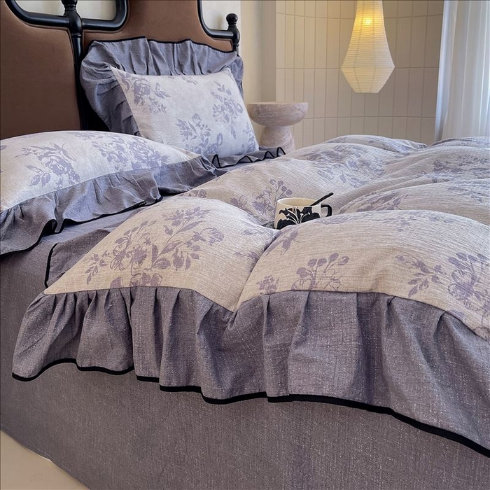 91家纺网 家纺一手货源 找家纺 丝芙妮家居（原乐视家纺） 2025新款A类原麻复合印花花边四件套 梦幻花园