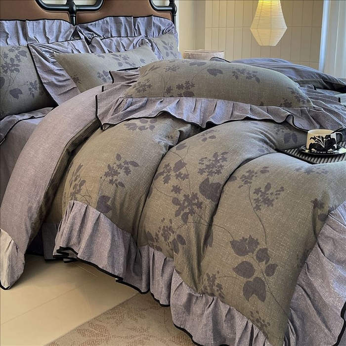 91家纺网 家纺一手货源 找家纺 丝芙妮家居（原乐视家纺） 2025新款A类原麻复合印花花边四件套 夜色未央