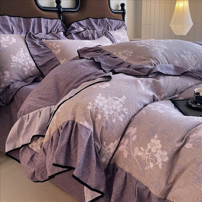 91家纺网 家纺一手货源 找家纺 丝芙妮家居（原乐视家纺） 2025新款A类原麻复合印花花边四件套 花畔呢喃