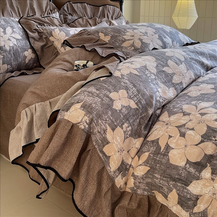 91家纺网 家纺一手货源 找家纺 丝芙妮家居（原乐视家纺） 2025新款A类原麻复合印花花边四件套 漫步花庭