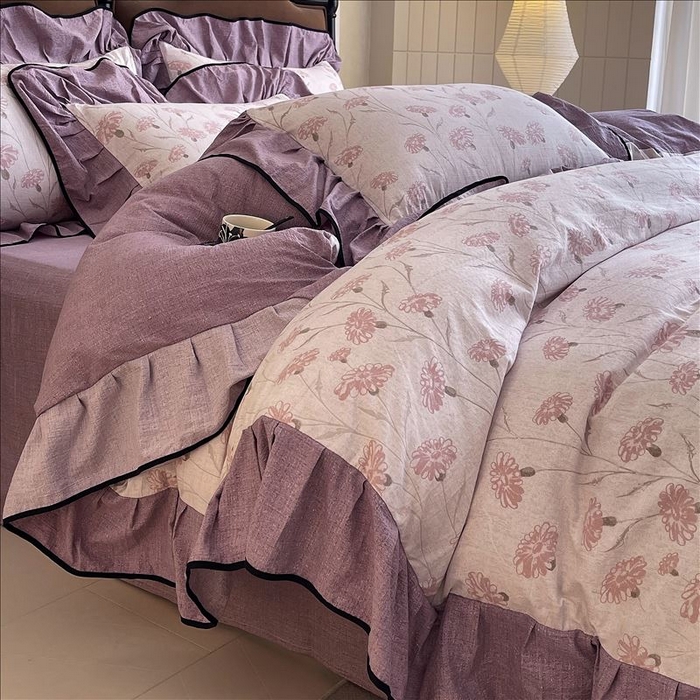 91家纺网 家纺一手货源 找家纺 丝芙妮家居（原乐视家纺） 2025新款A类原麻复合印花花边四件套 春意漫漫