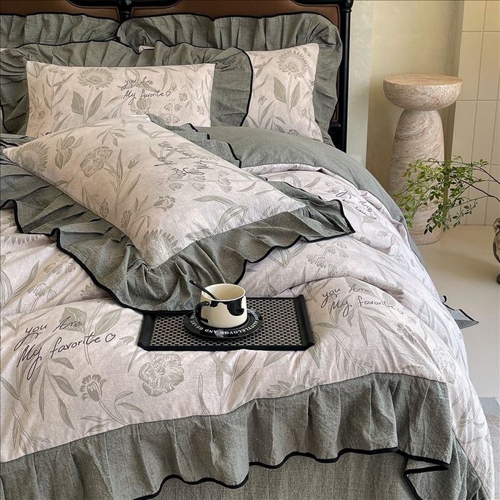 91家纺网 家纺一手货源 找家纺 丝芙妮家居（原乐视家纺） 2025新款A类原麻复合印花花边四件套 叶新泽