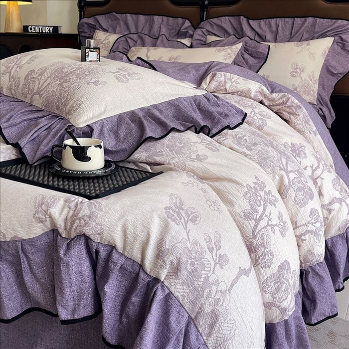 91家纺网 家纺一手货源 找家纺 丝芙妮家居（原乐视家纺） 2025新款A类原麻复合印花花边四件套 月下繁花