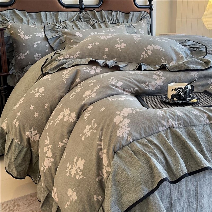 91家纺网 家纺一手货源 找家纺 丝芙妮家居（原乐视家纺） 2025新款A类原麻复合印花花边四件套 清水欢