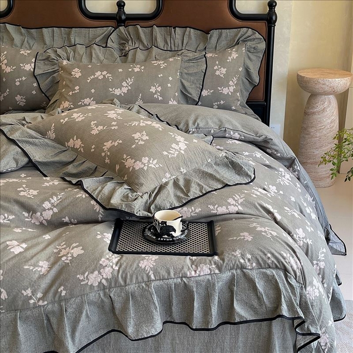 91家纺网 家纺一手货源 找家纺 丝芙妮家居（原乐视家纺） 2025新款A类原麻复合印花花边四件套 清水欢