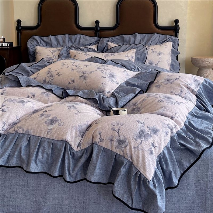 91家纺网 家纺一手货源 找家纺 丝芙妮家居（原乐视家纺） 2025新款A类原麻复合印花花边四件套 暗香疏影