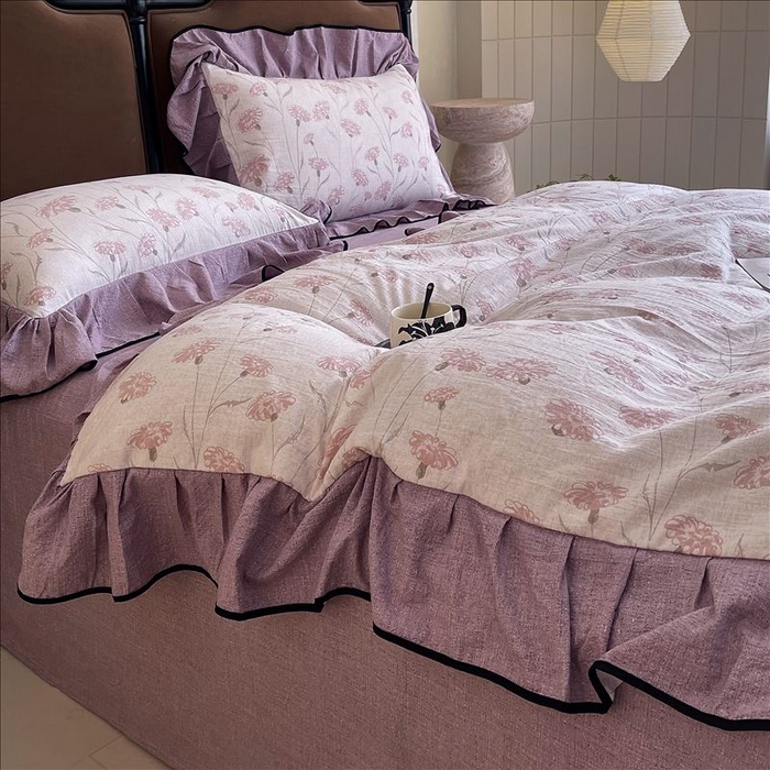 91家纺网 家纺一手货源 找家纺 丝芙妮家居（原乐视家纺） 2025新款A类原麻复合印花花边四件套 春意漫漫