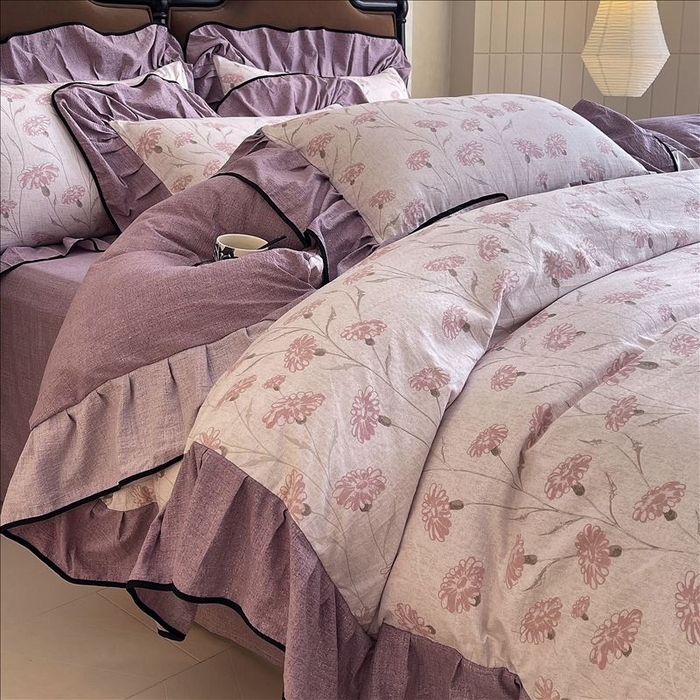 91家纺网 家纺一手货源 找家纺 丝芙妮家居（原乐视家纺） 2025新款A类原麻复合印花花边四件套 春意漫漫