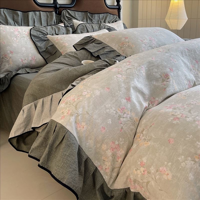 91家纺网 家纺一手货源 找家纺 丝芙妮家居（原乐视家纺） 2025新款A类原麻复合印花花边四件套 岁月留声