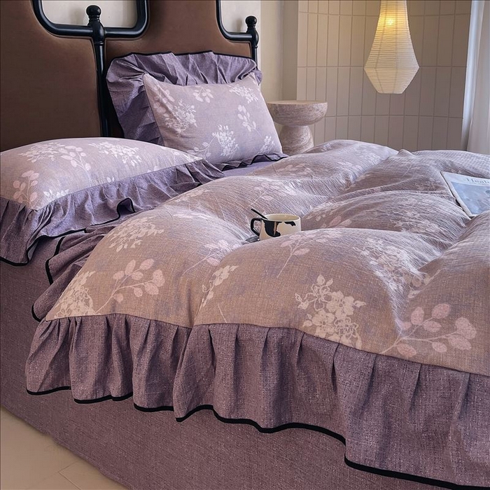 91家纺网 家纺一手货源 找家纺 丝芙妮家居（原乐视家纺） 2025新款A类原麻复合印花花边四件套 花畔呢喃