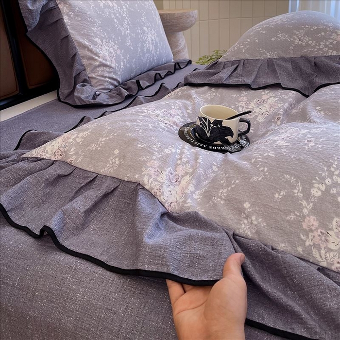 91家纺网 家纺一手货源 找家纺 丝芙妮家居（原乐视家纺） 2025新款A类原麻复合印花花边四件套 花屿梦