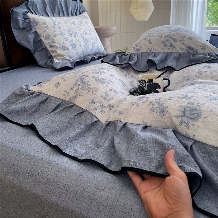 91家纺网 家纺一手货源 找家纺 丝芙妮家居（原乐视家纺） 2025新款A类原麻复合印花花边四件套 庄生晓梦