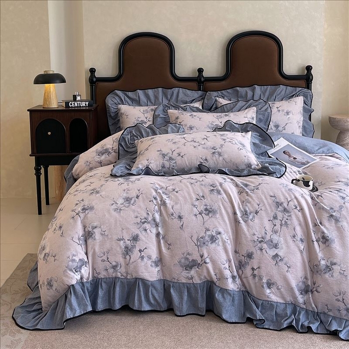 91家纺网 家纺一手货源 找家纺 丝芙妮家居（原乐视家纺） 2025新款A类原麻复合印花花边四件套 暗香疏影