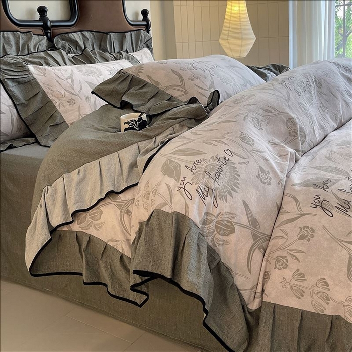 91家纺网 家纺一手货源 找家纺 丝芙妮家居（原乐视家纺） 2025新款A类原麻复合印花花边四件套 叶新泽