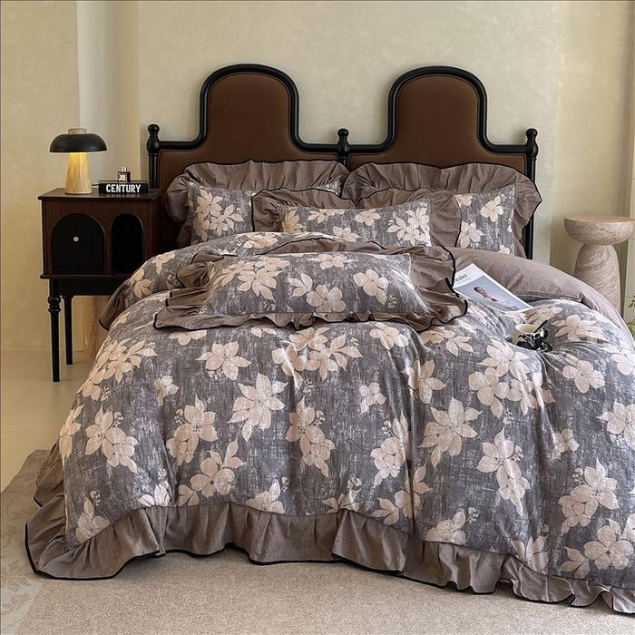 91家纺网 家纺一手货源 找家纺 丝芙妮家居（原乐视家纺） 2025新款A类原麻复合印花花边四件套 漫步花庭