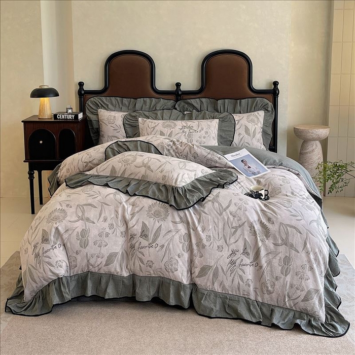 91家纺网 家纺一手货源 找家纺 丝芙妮家居（原乐视家纺） 2025新款A类原麻复合印花花边四件套 叶新泽