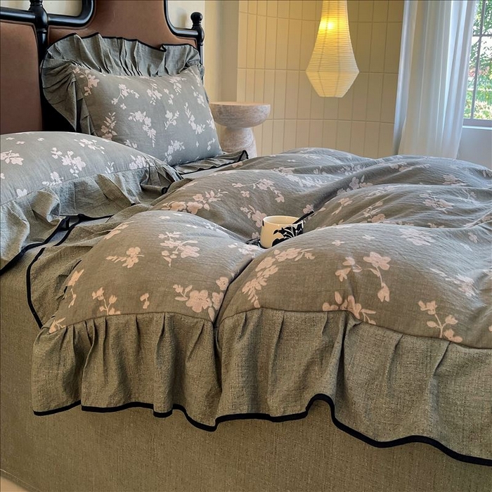 91家纺网 家纺一手货源 找家纺 丝芙妮家居（原乐视家纺） 2025新款A类原麻复合印花花边四件套 清水欢