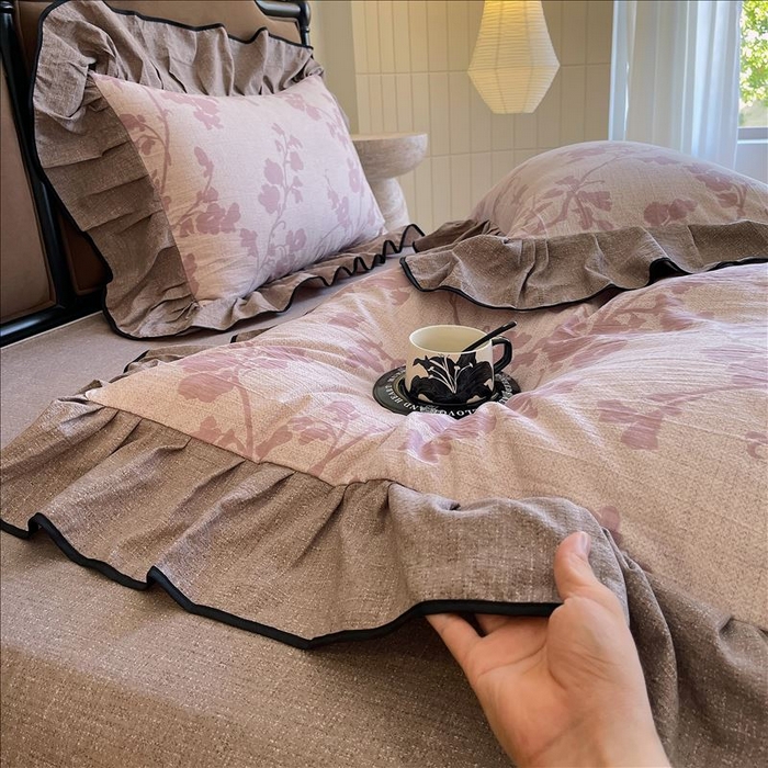 91家纺网 家纺一手货源 找家纺 丝芙妮家居（原乐视家纺） 2025新款A类原麻复合印花花边四件套 云栖